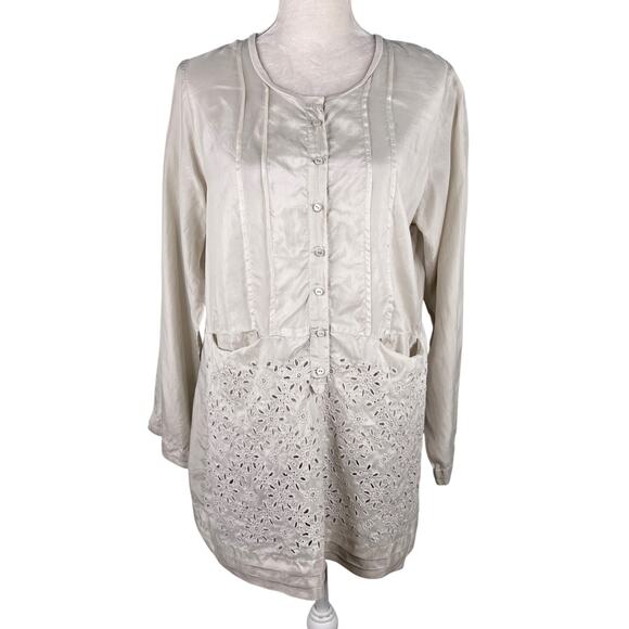 Sundance Silk Blouse Tunic Beige M Pockets Eyelet Lace Pockets - Picture 1 of 9
